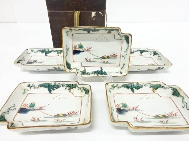 古九谷　色絵　舟人物　文角皿　5客